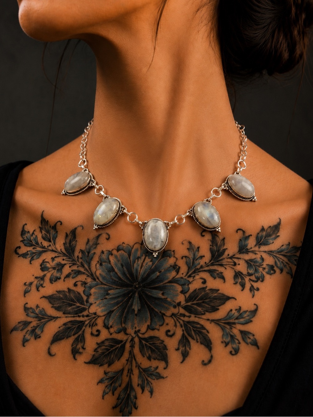 Vintage style Sterling Silver Moonstone Statement Necklace - White Moonstone